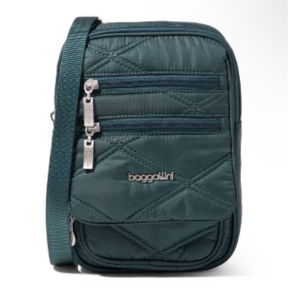 NWT baggallini RFID Journey Crossbody Bag Teal Quilted Nylon Zip Travel $70